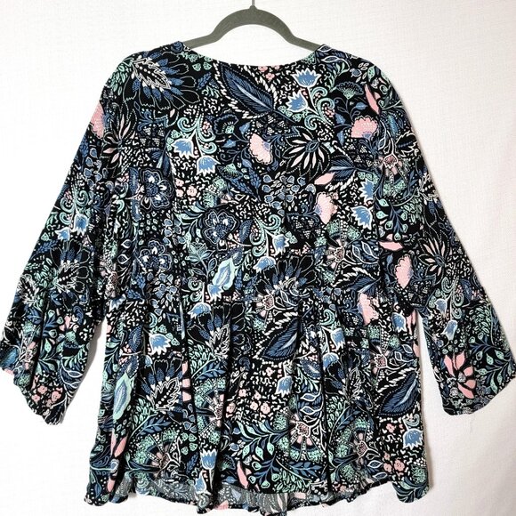 Torrid Babydoll Top Womens Plus Sz 3X Crochet Trim Lace-Up Black Floral Boho - Picture 2 of 14